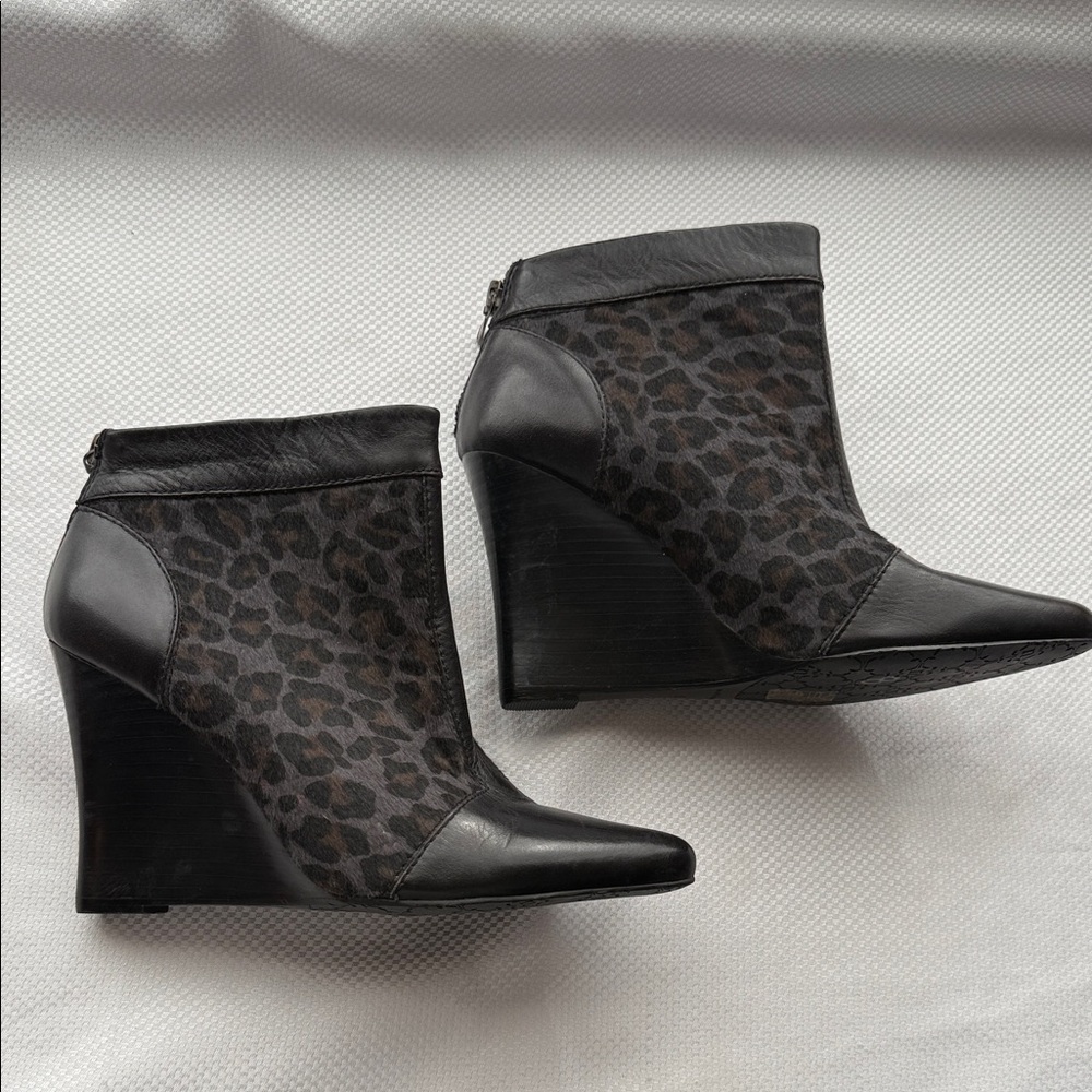 Nanette Lenore Leather Leopard Print Wedge Ankle Boots - Size 8